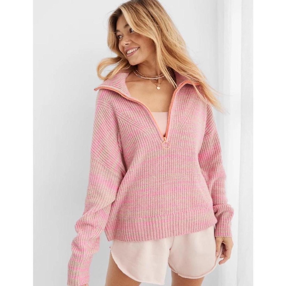 🚫sold🚫Aerie Pink And Brown Half Zip - Picture 1 of 6